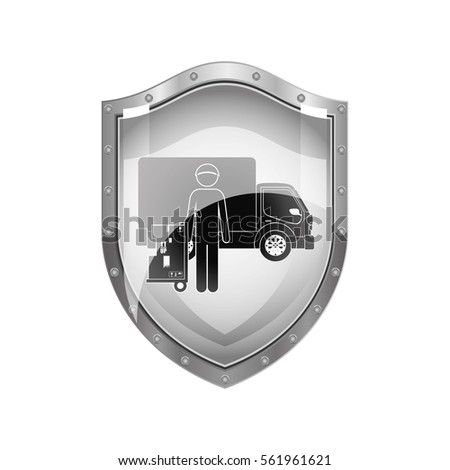 metallic shield of logistic assistant with shipping truck