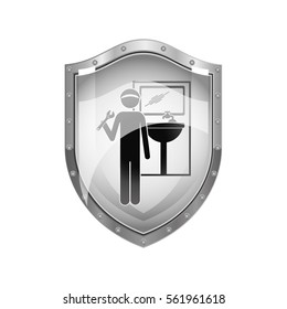 metallic shield of plumber with spanner in bathroom