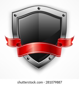 Metallic shield with red ribbon on white, vector illustration