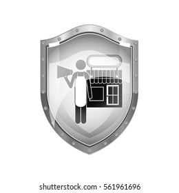 metallic shield of shopkeeper with megaphone in store