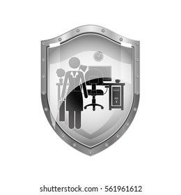 metallic shield of woman administrator in office