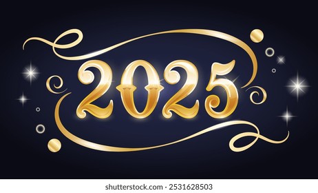 Metallic shining golden Number 2025. Shining banner. Element for website or print. Vector graphics.