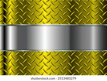 Metallic shiny background, 3D gold chrome sheet metal with diamond plate texture and red banner, vector illustration.