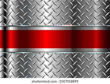 Metallic shiny background, 3D silver chrome sheet metal with diamond plate texture and red banner, vector illustration.