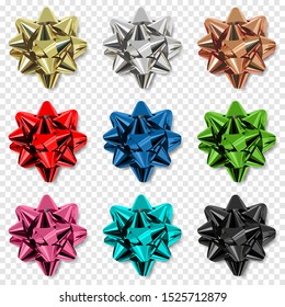 Metallic Shiny Ribbon Big Bows Vector Set Isolated On Transparent Background