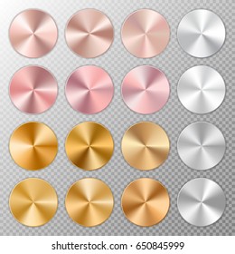 Metallic shiny round discs with conical metal gradients on a translucent background.