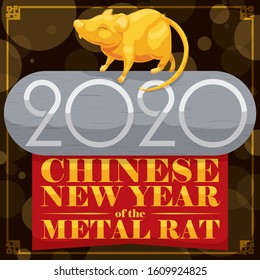 Metallic sign decorated with golden mouse figure and ribbon with greeting message to celebrate the 2020's Chinese New Year of the metal rat.