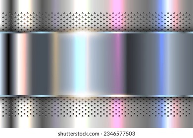 Metallic silver background with opalescent pearl colors, chrome metal background with perforated texture, 3d vector illustration.