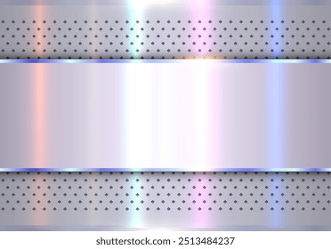 Metallic silver background with opalescent pearl colors, chrome metal background with banner and dots pattern, 3d vector illustration.