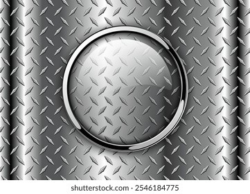 Metallic silver background with transparent circle shiny button, chrome metal background with diamond plate texture, 3d vector illustration.
