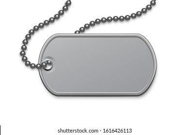 Metallic Silver Badge Military With Chain Template. Dog Tag On Lace. Detailed Element For Army Metal Token. Engraved Pendant For Identification, Blood Type. Vector Illustration