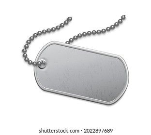 Metallic Silver Badge Military With Chain Template. Dog Tag On Lace. Detailed Element For Army Metal Token. Engraved Pendant For Identification, Blood Type. Vector Illustration