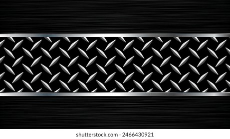 Metallic silver black background, 3d black brushed metal with diamond plate texture, vector illustration technology background.