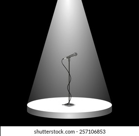 Metallic silver cable microphone standing on an empty stage under the white spotlight. beam of light on the podium in the dark, shines mic. vector art image illustration, isolated on black background