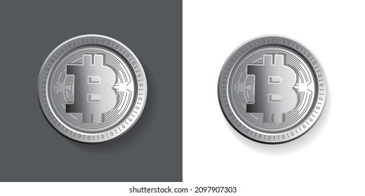 Moneda criptográfica metálica de plata Bitcoin (BTC) logo diseño de ilustración vectorial de moneda. Puede utilizarse como pegatina, placa, emblema, icono, etiqueta y plantilla de impresión.