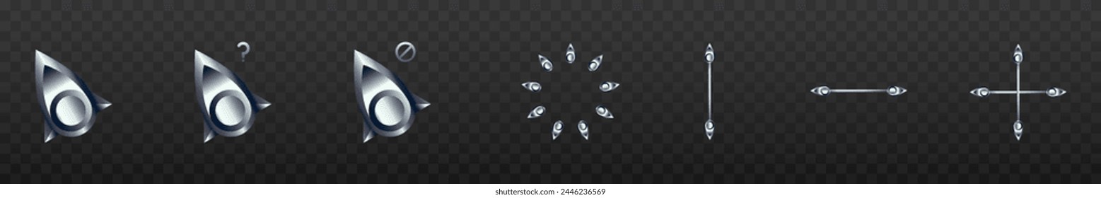 Metallic Silver Custom Gaming Mouse Cursor Icons Set for Game UI Designs