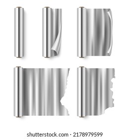 Metallic silver foil roll with torn and smooth edge set realistic vector illustration. Bright stainless glossy smooth for household cooking and art. Aluminum scroll tool for wrapped and decorate