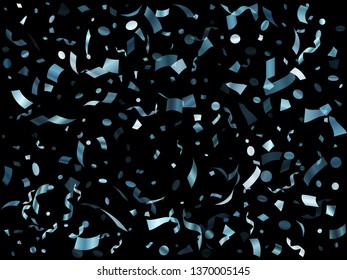 Metallic silver glowing holiday realistic confetti flying vector background. Trendy flying tinsels, foil texture serpentine streamers, sparkles, confetti falling Christmas background.