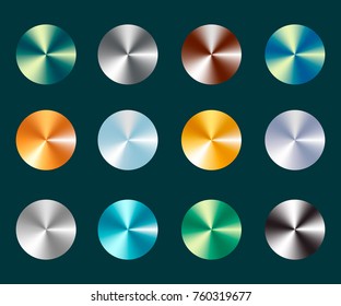 Metallic silver and gold conical metal gradients. Metal silver and gold plate illustration on abstract background. Different colors