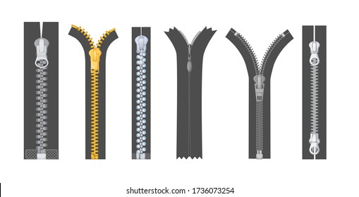Metallic silver golden zipper with pulls. Realistic differents fastener with pullers for cloth, dress, pants, shoes or bags. Open and closed lock. Vector zipper isolated svg