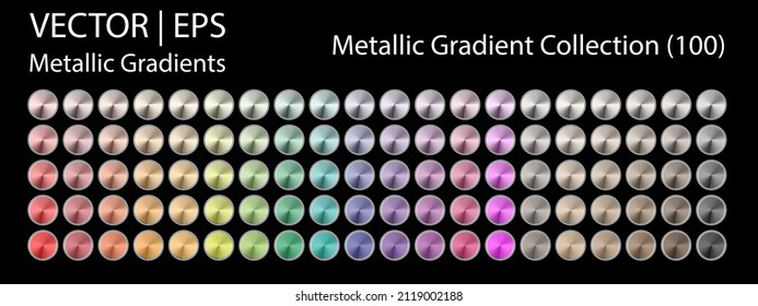 Metallic silver gradient buttons collection. Set of 100 different unique round gradients template for digital artwork design, letters, web page background, wallpapers, graphic concepts or mock-up. 