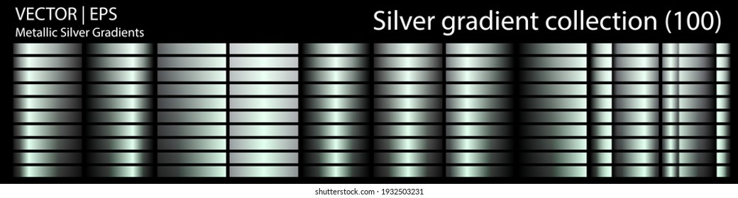 Metallic silver gradient collection. Set of 100 different unique gradients template for digital artwork design, letters, web page background, wallpapers, graphic concepts or mock-up. Premium quality.