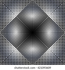 Metallic silver grid tile. Rhomboid over square. Uneven silver grid composition. Cambered metallic grid. Vector grid background. 