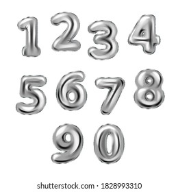 Metallic Silver Letter Balloons, 123 silver numeral alphabets. 0 to 9. Foil and latex balloons. Party, birthday, celebrate anniversary and wedding. Realistic design elements. numeral character
