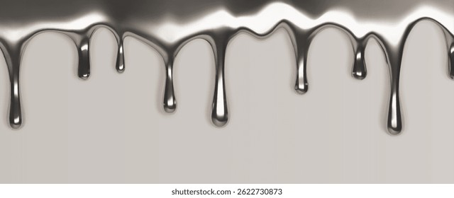 Líquido metálico prata goteja borda - gotas brilhantes de fluido cromado fluindo para baixo. Gotas de metal fundido brilhante isoladas no fundo cinza. Bolhas de mercúrio 3d realistas, derretido de aço splash formas.