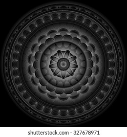 Metallic silver mandala on black background. Lace Indian pattern.
