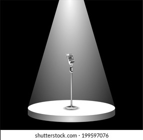 Metallic Silver Microphone Standing On An Empty Stage Under The Light Of Spotlight. Beam Of Light On The Podium In The Dark, Shines Mic. Vector Art Image Illustration, Isolated On Black Background