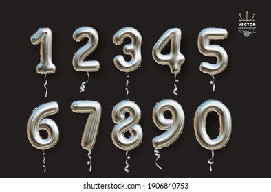 Metallic silver number balloons 0 to 9. Set of foil and latex balloons. Helium balloons. Party, birthday, celebrate anniversary and wedding. Realistic elements. Vector illustration Isolated on grey.