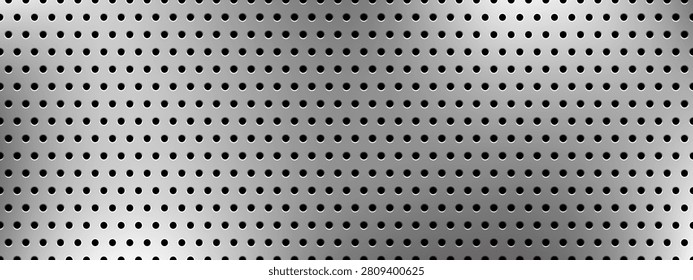 Metallic silver perforated texture. Seamless industrial background with a regular grid of small circular black holes and a smooth digital gradient