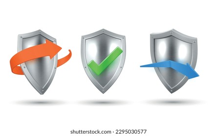 Metallic silver shield with arrows and checkmark icon set realistic vector illustration. Protective guard insurance heraldic element emblem check security antivirus defense renovation rescue badge