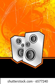 metallic silver speakers set against an orange scratched grunge background
