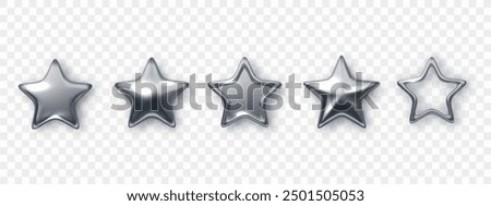 Metallic silver stars isolated. Five-pointed stars of various shapes. Christmas 3D design. Symbol of leadership.