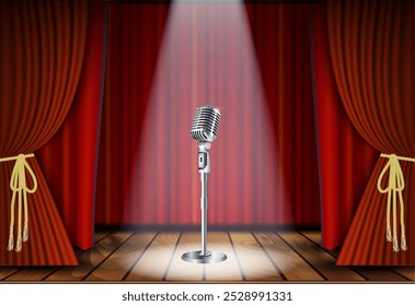 Metallic silver vintage microphone standing on empty stage under beam of spotlight light. mic on podium in the dark against red curtain backdrop. vector art image illustration, retro design