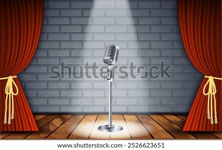 Metallic silver vintage microphone standing on empty stage under beam of spotlight light on brick wall. vector art image illustration, retro design