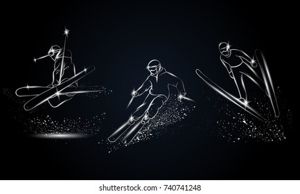 Metallic Skiers Set. Chromed linear ski sport illustration for sport banner, background and flyer.