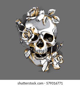 Metallic Skull with a gold Roses flowers on a gray background. Vector illustration.