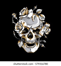 Metallic Skull with a gold Roses flowers on a black background. Vector illustration.