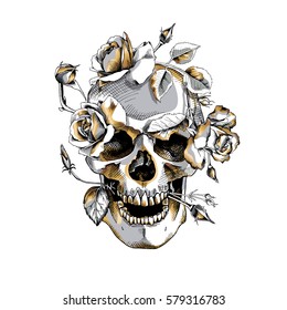 Metallic Skull with a gold Roses flowers on a white background. Vector illustration.