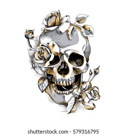 Metallic Skull with a gold Roses flowers on a white background. Vector illustration.