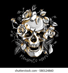 Metallic Skull with a gold Roses flowers on a black background. Vector illustration.