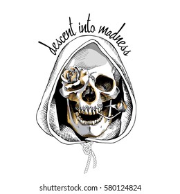 Metallic Skull in a hood with a gold Roses flowers on a white background. Vector illustration.