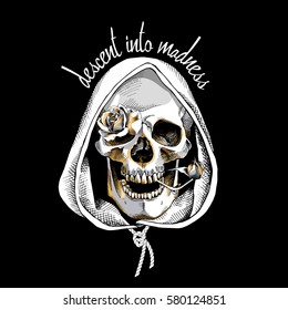 Metallic Skull in a hood with a gold Roses flowers on a black background. Vector illustration.