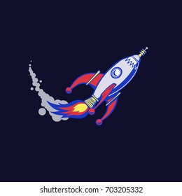 Metallic spaceship that takes off on a dark blue background, poster, icon, clipart