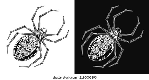 Metallic spider in steampunk style with gears. Creative spooky, scary, horror design element for halloween decor. Monochrome creative detailed vector illustration