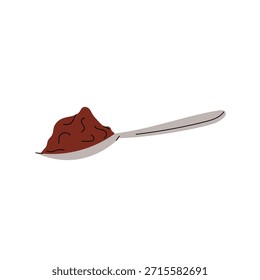 Metallic spoon with pile ground coffee on white background. Minimal flat design, isolated object suitable for packaging, cafe menu, branding, advertising and coffee related concepts.