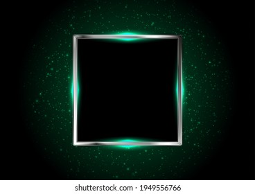 Metallic square framework with green neon lights. Glowing bokeh vector background